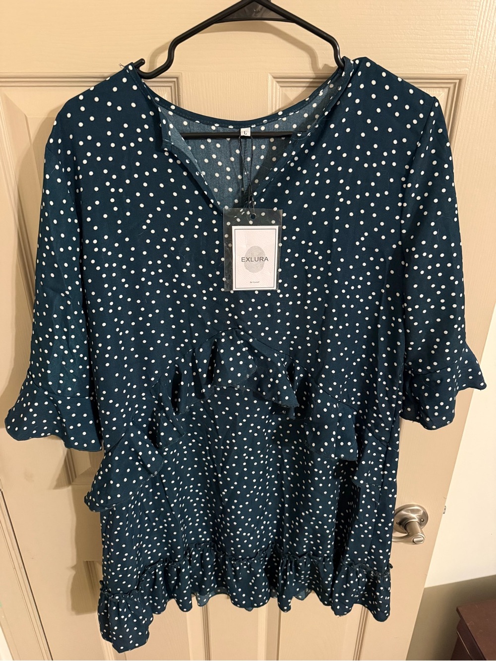 Exlura Teal Polka Dot Ruffle Tunic Dress - Women's